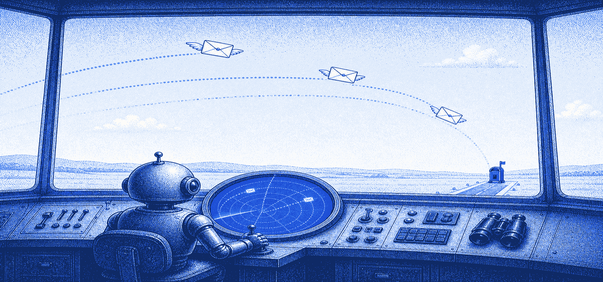 Halftone illustration: a small robot at a single radar console in an air-traffic control tower for mail, a huge window onto a pale sky where envelope-planes fly dotted routes, one descending to a runway letterbox