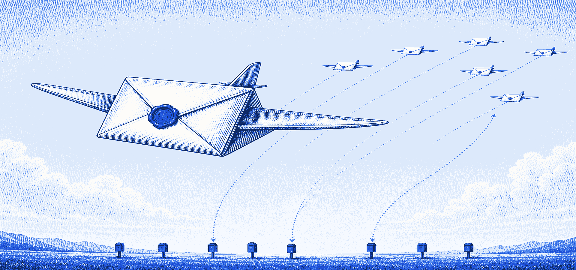 Halftone illustration: a fleet of winged airmail envelopes in flight — a large lead envelope-plane with a blue wax seal banks in the foreground while a V-formation recedes on dotted routes; at the bottom edge routes descend to a row of letterboxes and one returns up