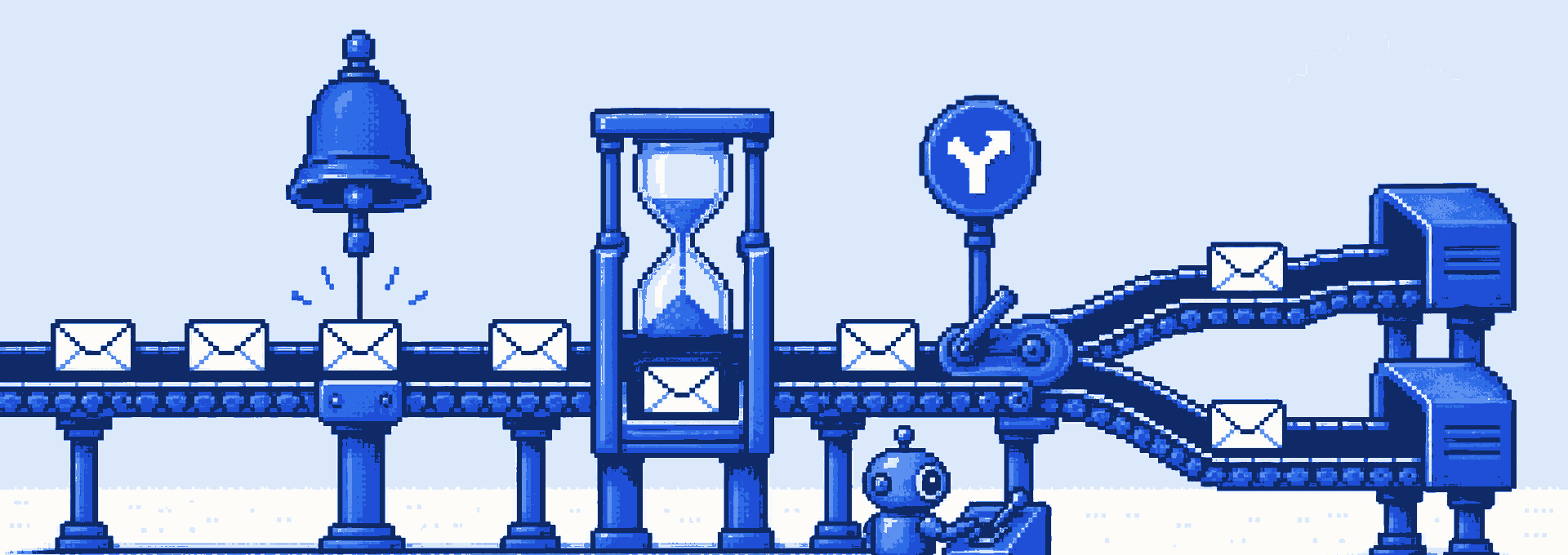 Pixel art: a conveyor rail carries envelopes through three stations — a bell trigger, an hourglass wait gate, and a fork where a switch arm routes mail to two chutes, a small robot at the lever