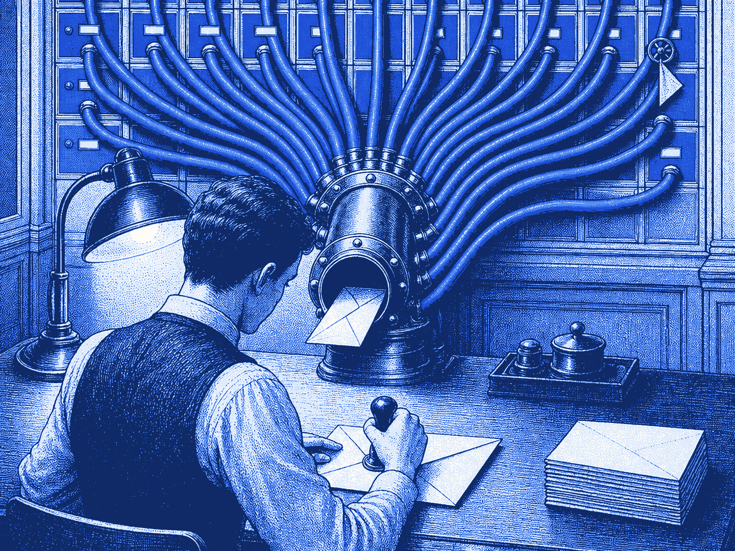 Halftone illustration: a person at a desk seals one letter while a manifold of pneumatic tubes behind them fans out to deliver it everywhere