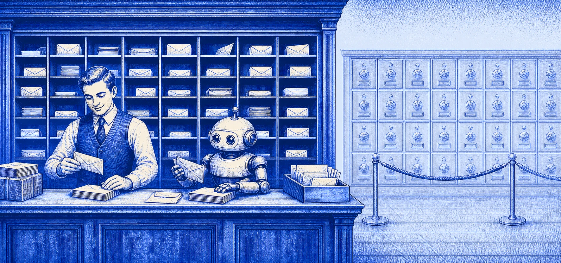 Halftone illustration: a post office where a human clerk and a small robot work the same counter, sharing one open wall of unlimited labelled mailboxes with no meters. Off to one side, faded, an agents-only version — a wall of identical robot mailboxes each ticking a coin meter, a velvet rope keeping humans out.