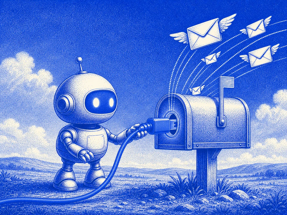 Halftone illustration: a small robot plugged by a glowing websocket cable straight into its own mailbox, mail streaming in live through a clean API port.
