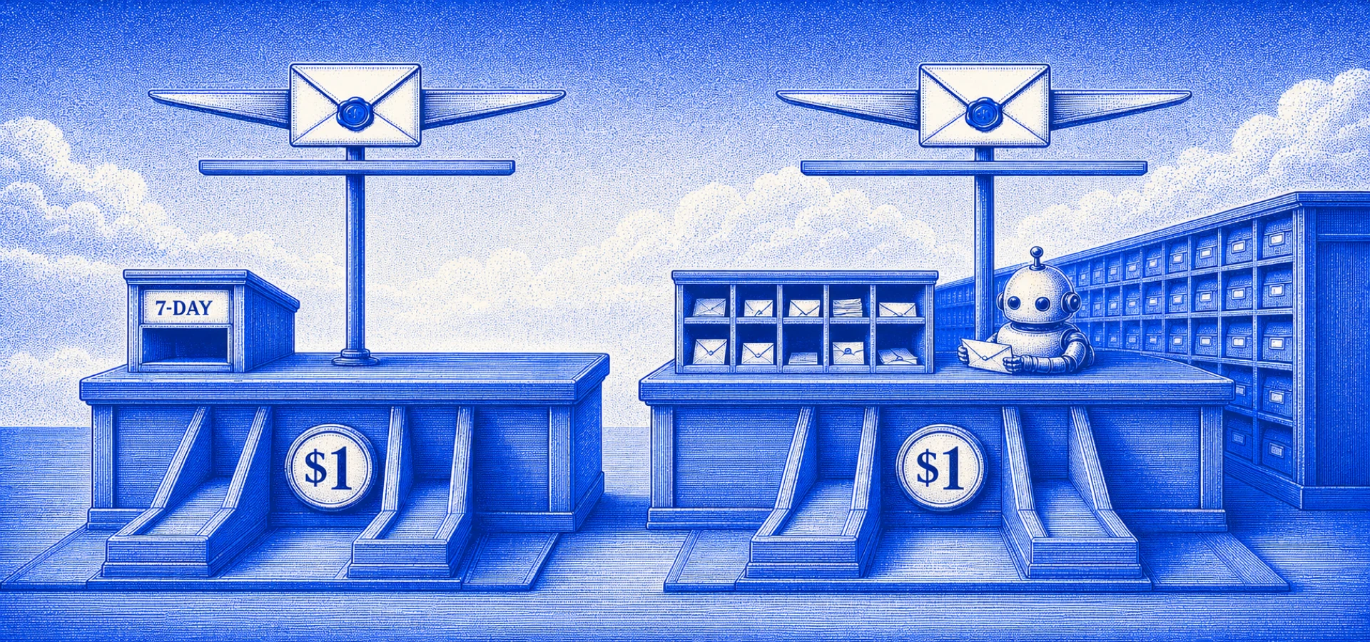 Halftone illustration: two identical tidy dispatch benches side by side, each marked with a single '$1' coin — the shared two-lane pricing. One bench also has a receiving counter with open letterboxes, a long archive shelf, and a small robot clerk; the other has only a tiny '7-DAY' cubby and no clerk.