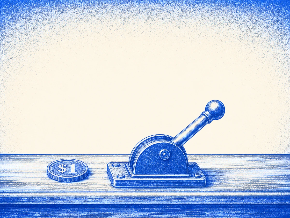 Halftone illustration: a single clean dispatch bench, one $1 coin, one lever — radically minimal, no clutter.