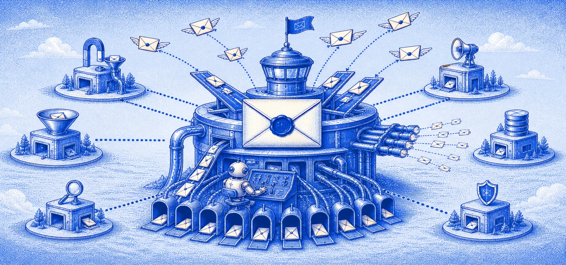 Halftone illustration: a central airmail exchange building running every direction at once — outbound runways, a return route into a wall of inboxes, a marketing manifold and a small robot clerk — ringed by five smaller specialist outposts, each handling only one slice of email, their routes converging on the hub.
