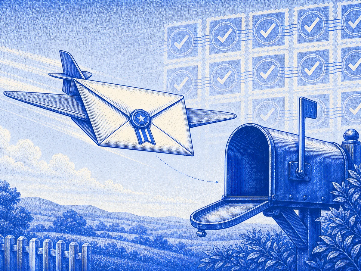 Halftone illustration: a veteran envelope-plane arriving on a flawless clear-sky route to an open inbox, a small service medal on its wing and a wall of perfect on-time delivery stamps behind it.