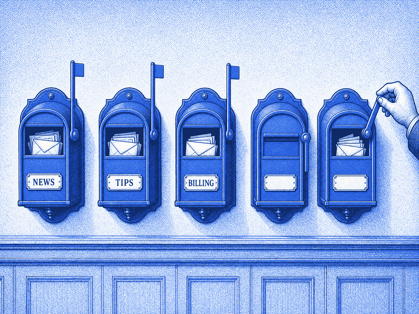 Halftone illustration: a row of five wall letterboxes with flag levers labelled NEWS, TIPS and BILLING — three flags raised, one folded politely shut, a hand flipping the fifth