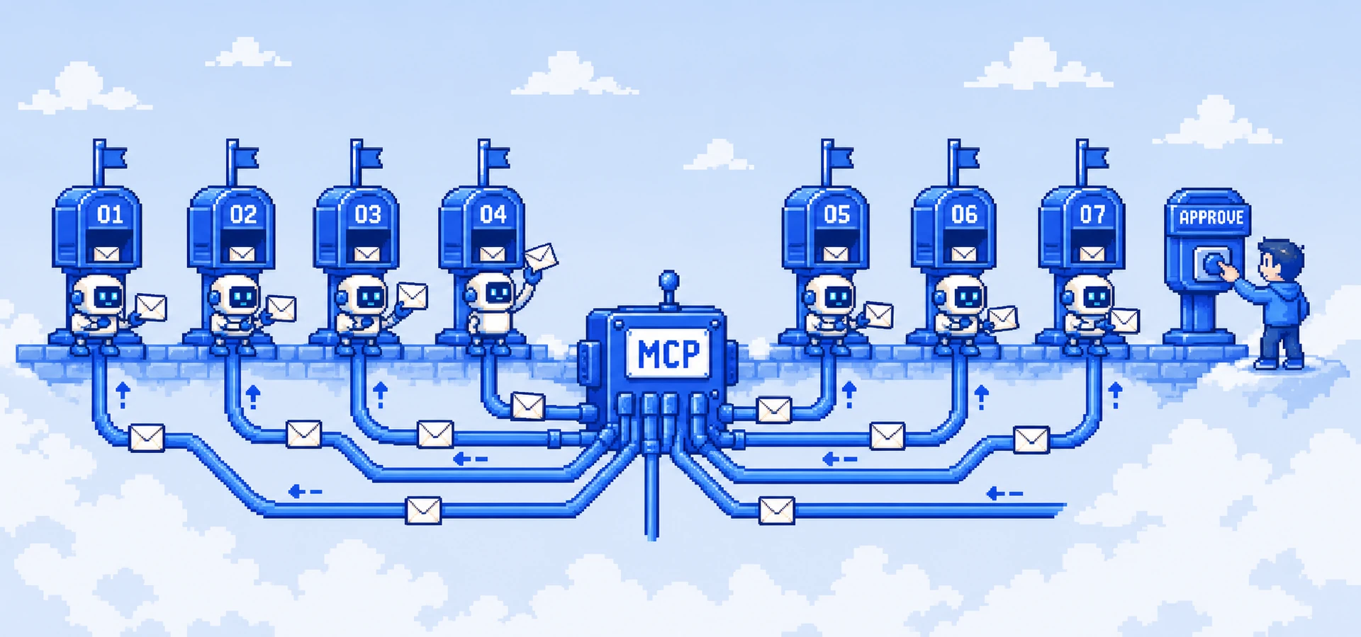 Pixel-art scene: a row of small pixel robot clerks each at its own pixel letterbox on a shared wall, cable rails running from a central pixel MCP hub to every station and mail flowing both ways with no meters anywhere, a human supervisor stamping one approval at the end of the row — over a pale-blue pixel sky.
