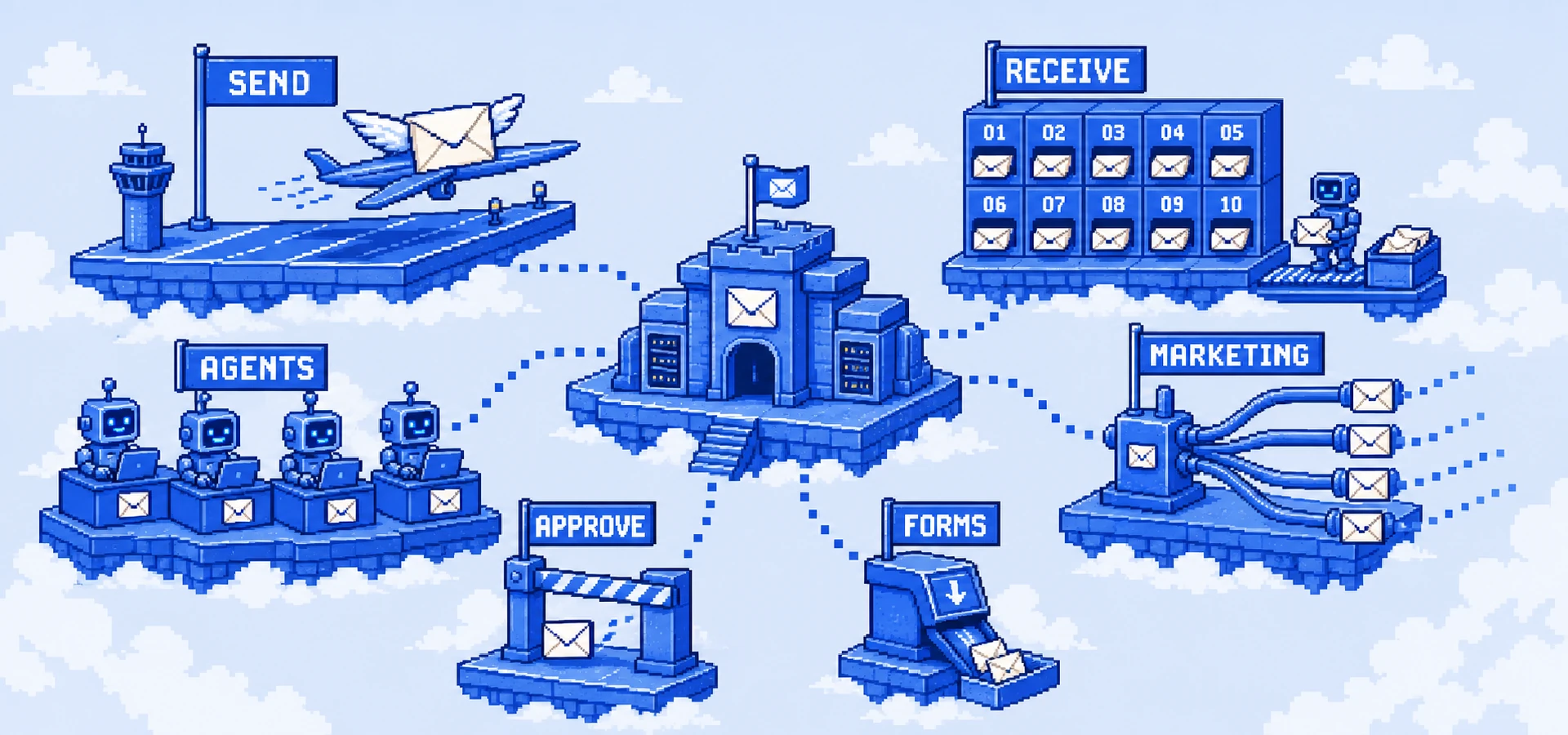 Pixel-art scene: a pale-blue pixel sky over a central pixel exchange building with six clearly-labelled pixel workstations running at once — an express send runway, a wall of receiving letterboxes feeding a JSON sorter, a row of little robot inboxes, a campaign manifold, an approval gate and a form chute — dotted pixel routes tying each to the central hall, pixel clouds around.