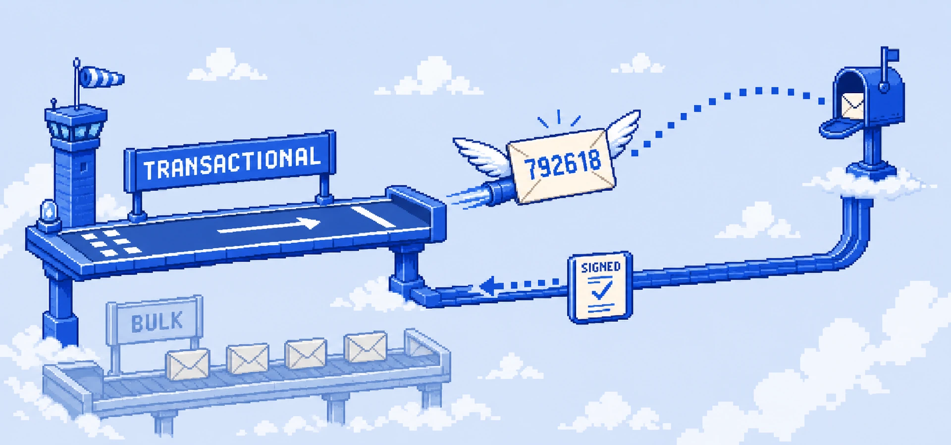 Pixel-art scene: a cream winged envelope-plane lifting off a labelled pixel express runway with a one-time code glowing on its face, a dotted pixel flight arc curving to a pixel mailbox while a signed receipt drops back down — a faint bulk queue held to one side, over a pale-blue pixel sky with pixel clouds.